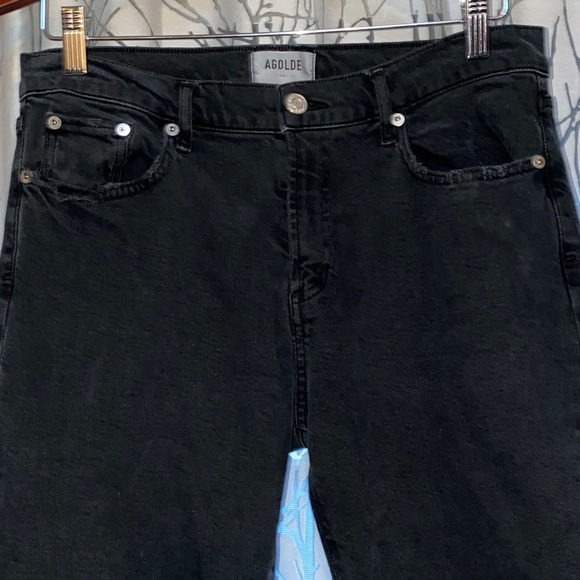 AGOLDE feral faded black dark gray Toni mid-rise straight leg frayed hem jeans - Picture 6 of 15